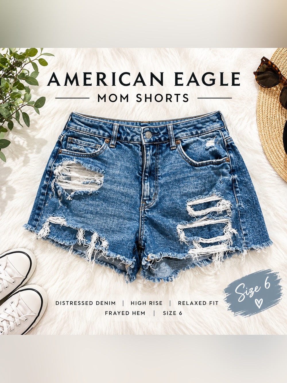 American Eagle Mom Shorts Size 6 Distressed Denim Jean Shorts High Rise Frayed